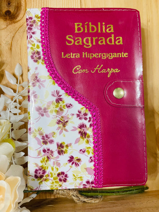 Bíblia Letra hipergigante com harpa  ARC com caneta Rosa